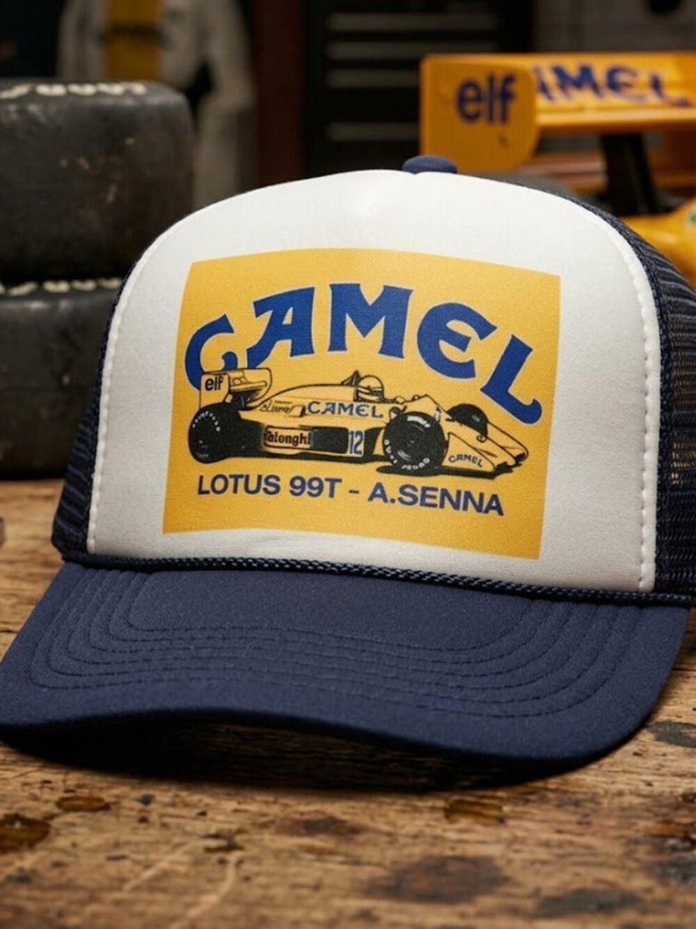 Retro Ayrton Senna F1 Hat Lotus 99T Camel Race Car Navy Foam Trucker Snapback Ne